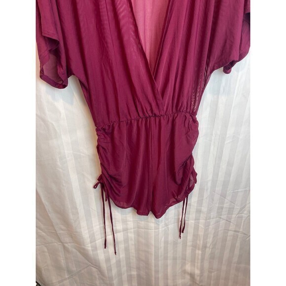 Versatile  Burgundy Beach Mesh Cover Up Ruched Short Romper Size S RefM021 - Picture 7 of 9
